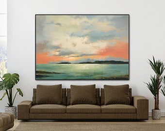 Meereslandschaft, Sonnenuntergang, Natur 100 % handgemalt, Wanddekoration Wohnzimmer, abstraktes Acryl-Ölgemälde, Büro-Wandkunst, Strukturgemälde