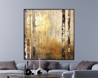 Forest Scenery, Trees, Gold Sky, Nature Textured Painting, 100% Hand Painted, Wall Decor Living Room, Acrylic Abstract Oil Painting, Office