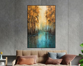 Forest, River, Yellow Leaves, Nature Textured Painting, 100% Hand Painted, Wall Decor Living Room, Acrylic Abstract Oil Painting, Office