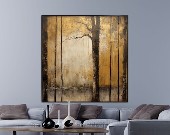 Forest Landscape, Trees, Gold Sky, Nature Textured Painting, 100% Hand Painted, Wall Decor Living Room, Acrylic Abstract Oil Painting