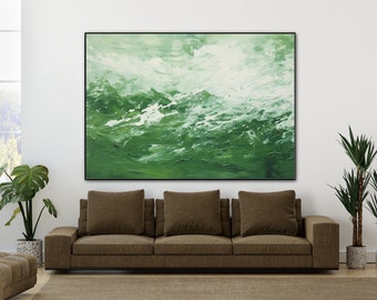 Paesaggio marino, Beige, Verde 100% dipinto a mano, Decorazione della parete del soggiorno, Pittura a olio astratta acrilica, Arte della parete dell'ufficio, Pittura strutturata