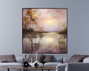 Forest, Swamp, Sunset, Gold 100% Hand Painted, Wall Decor Living Room, Acrylic Abstract Oil Painting, Office Wall Art, Textured Painting