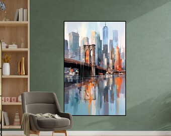 New York City, Cityscape, Ocean Textured Painting, 100% Hand Painted, Wall Decor Living Room, Acrylic Abstract Oil Painting, Office Wall