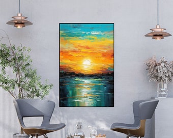Ocean Scenery, Sunset Landscape Textured Painting, 100% Hand Painted, Wall Decor Living Room, Acrylic Abstract Oil Painting, Office Wall