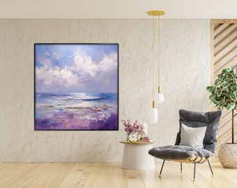 Ocean Scenery, Seascape, Sunset, Purple Sky Textured Painting, 100% Hand Painted, Wall Decor Living Room, Acrylic Abstract Oil Painting