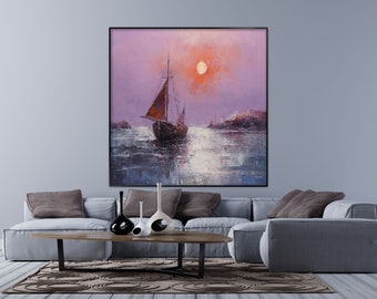 Sea View, Seascape, Sailboat, Purple, Sunset Textured Painting, 100% Hand Painted, Wall Decor Living Room, Acrylic Abstract Oil Painting