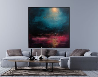Sunset, Gold, Pink, Blue, Black 100% Hand Painted, Wall Decor Living Room, Acrylic Abstract Oil Painting, Office Wall Textured Painting
