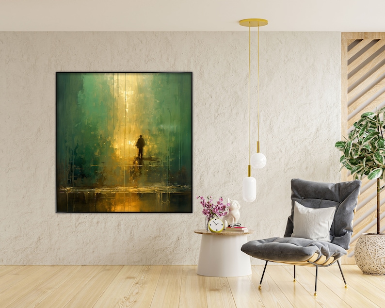 Fresh Look at Man Walking Alone Gold Green 100 Hand Painted Wall Decor