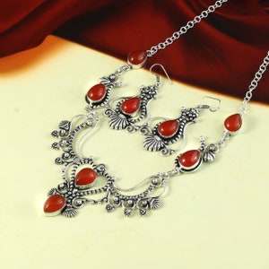 Red coral necklace earing set, handmade necklace, 925 sterling silver necklace earring , gift for her,necklace for women, anniversary gift