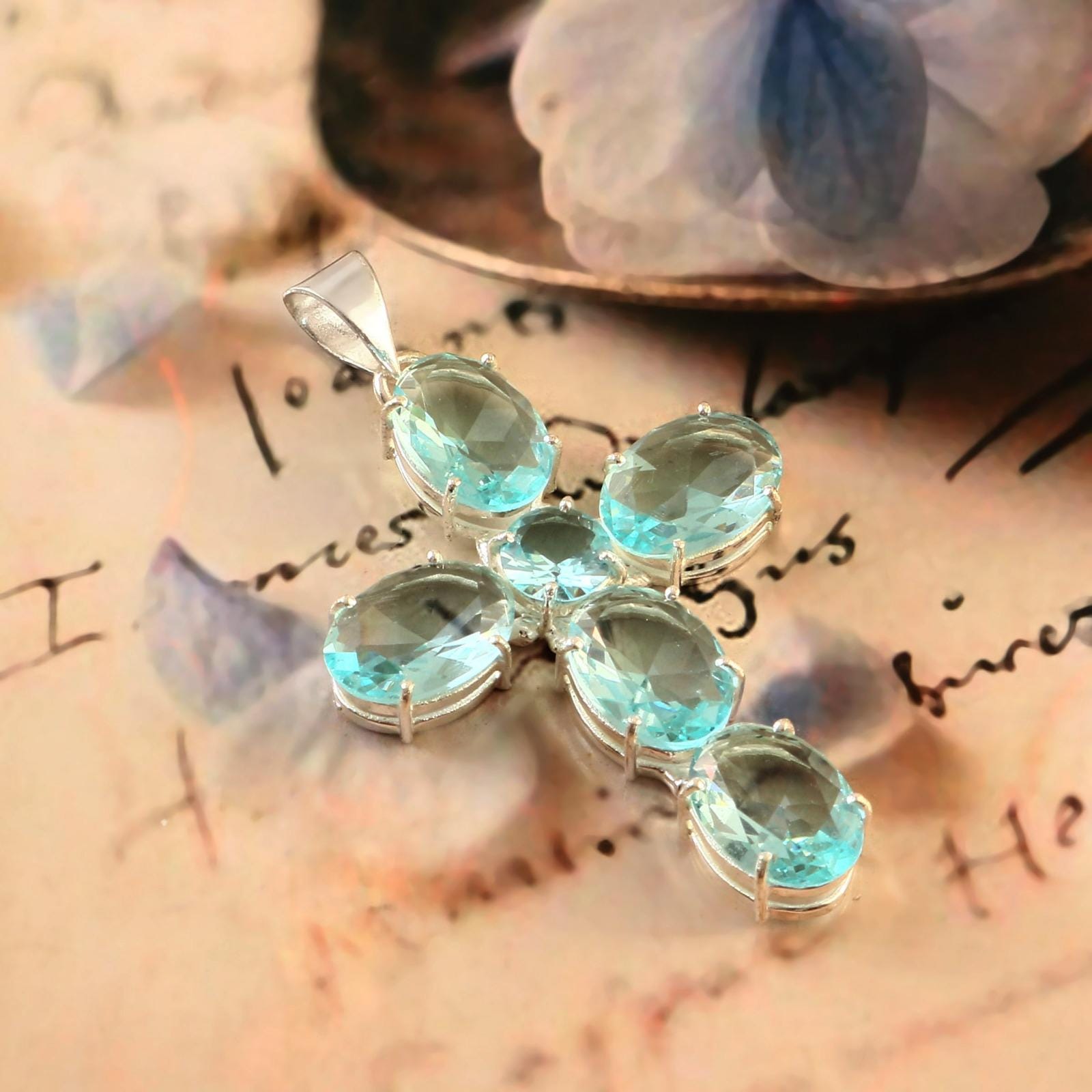 ブルートパーズペンダント、クロスペンダント、925スターリング