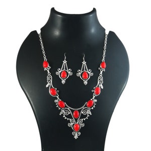 Red coral necklace earing set, handmade necklace, 925 sterling silver necklace earring , gift for her,necklace for women, anniversary gift