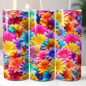 3D Colorful Rainbow Flowers, 20 oz Skinny Tumbler Sublimation Design, Straight And Tapered Tumbler Wrap, Instant Digital Download PNG