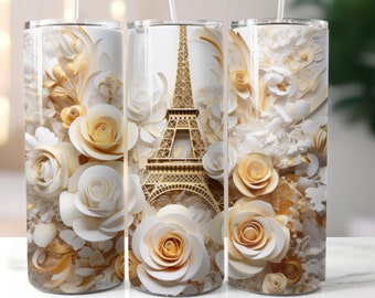 Eiffel Tower Tumbler Sublimation Design: Gold & White Floral Wrap (Digital Download)