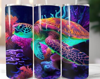 Neon Sea Turtle Tumbler Design: 3D Sublimation PNG (Digital Download)