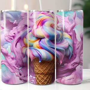 3D Rainbow Swirl Ice Cream, Seamless 20 oz Skinny Tumbler Sublimation Design, Straight & Tapered Tumbler Wrap, Instant Digital Download PNG