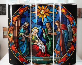 Stained Glass Nativity Tumbler Wrap: Mary, Jesus, Three Wise Men (Digital Download)