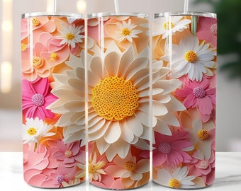 Daisy Tumbler Sublimation Design: Pink, White & Yellow Floral (Digital Download)