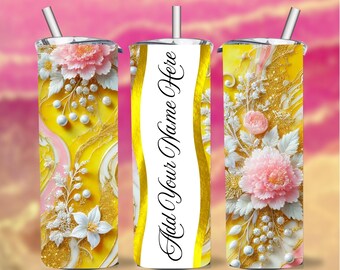 Pink Floral Marble Custom Name Tumbler Wrap: Sublimation Design (Canva File)