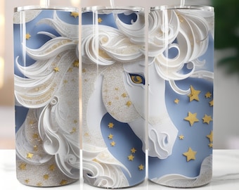 3D White Horse Tumbler Wrap: Shimmer Gold Stars (Digital Download)