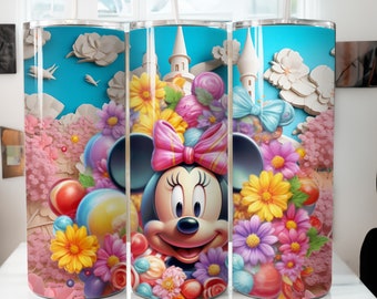 3D Minnie Mouse Tumbler Design: Cartoon Flowers, Castle (PNG Digital Download)