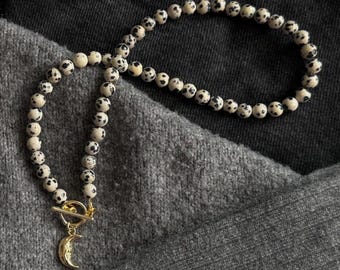 Jasper Beaded Necklace with Moon Charm, Layering Piece, Gift for Her, Autumn Jewellery, Handmade Necklace