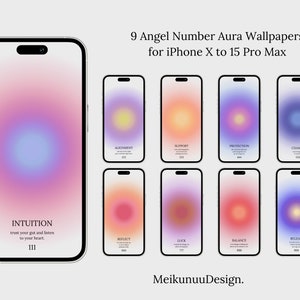 以下が含まれることがあります： エンジェルナンバーとオーラの色の9つのiPhone壁紙。各壁紙は、111、222、333、444、555、666、777、888、999など、異なる番号と色を使用しています。壁紙のテキストには、番号とその意味に関連する短いフレーズが含まれています。