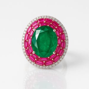 May include: An eye-catching ring with a large, oval emerald centre stone. The emerald is encircled by a layer of pink gemstones and a border of small, clear stones. The ring has a silver-coloured band.