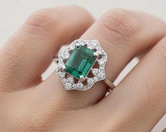 Lab Emerald Halo Ring, Moissanite Diamonds, 925 Sterling Silver