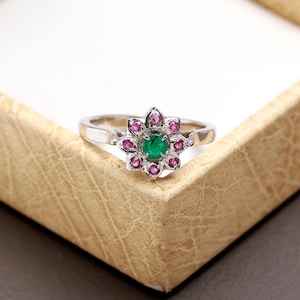 Smaragd Rubin Ring: 925 Sterling Silber Floral Design, US Size 7