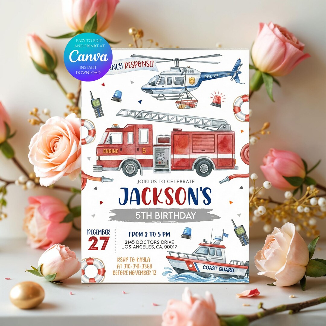 First Responders Birthday Invitation Editable, Emergency Vehicles ...