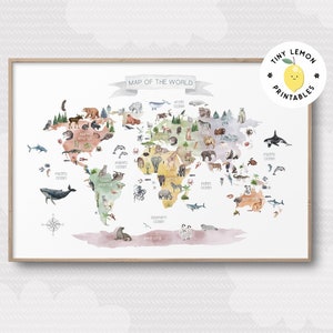 Tierwelt Karte Poster. DIGITALER DOWNLOAD. Boho Spielzimmer Lerndruck. Kleinkind printables. Weltkarte Wandkunst. Kinderzimmer Karte Druck