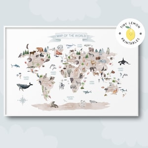 Tierwelt Karte Poster. DIGITALER DOWNLOAD. Boho Spielzimmer Lerndruck. Kleinkind printables. Weltkarte Wandkunst. Kinderzimmer Karte Druck