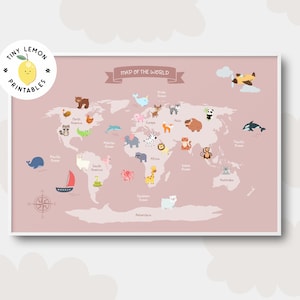 Poster met roze dierenwereldkaart. DIGITAAL DOWNLOADEN. Boho speelkamer educatieve print. Printables voor peuters. Wereldkaart kunst aan de muur. Kinderkamer kaart afdrukken