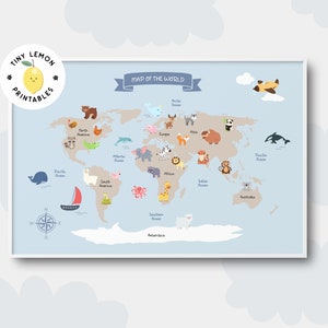 Blauwe dieren wereldkaart poster. DIGITAAL DOWNLOADEN. Boho speelkamer educatieve print. Printables voor peuters. Wereldkaart kunst aan de muur. Kinderkamer kaart afdrukken