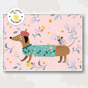 Pink Cute Dog Print Dachshund Kids room wall art Girly posters. Nursery Wall Art DIGITAL DOWNLOAD Trendy Sweet nursery decor