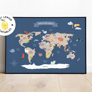 Pôster do mapa mundial de animais da Marinha. DOWNLOAD DIGITAL. Impressão educacional Boho Playroom. Imprimíveis para crianças. Arte de parede do mapa mundial. Impressão de mapa de quarto infantil