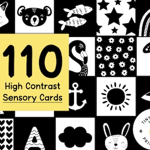 110 Sensorische babykaarten. Stimulatie met hoog contrast. Zwart-wit flitskaarten. DIGITAAL DOWNLOADEN. Vormen voor baby's. Montessori-baby
