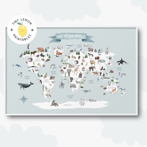 Tierwelt Karte Poster. DIGITALER DOWNLOAD. Boho Spielzimmer Lerndruck. Kleinkind printables. Blaue Weltkarte Wandkunst. Kinderzimmer Karte Druck