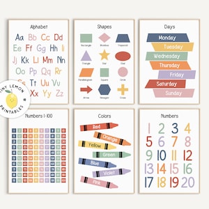 Set Of 6, Educational Wall Art. Kids alphabet printable. DIGITAL DOWNLOAD. Boho Playroom Educational Print. Preschool educational poster