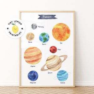 Impresión del sistema solar de acuarela. Decoración de guardería espacial. Decoración del aula. DESCARGA DIGITAL. cartel Montessori. Aula Montessori