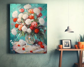 Harmony in Bloom: An Enchanting Oil Painting of White and Red Flowers, Impressionism style, abstract still life, flowers painting