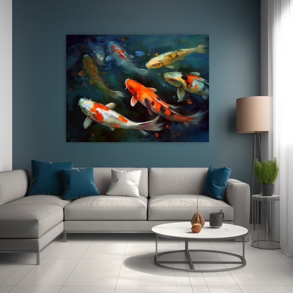 Koi Fish Painting, Impressionism-style , fish art, koi art, fish print, koi print, koi painting, Japanese