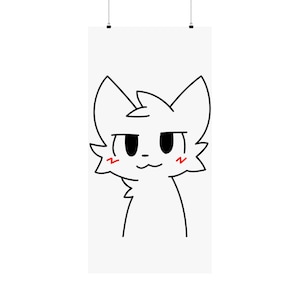 Könnte beinhalten: Eine Schwarzweiß-Zeichnung eines Cartoon-Katzen mit roten Wangen. Die Katze hat einen schelmischen Ausdruck und schaut zur Seite.