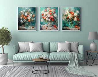 Symphony of Nature: Collection of Four Captivating Floral Oil Paintings, Impressionism style, abstract still life, flowers painting