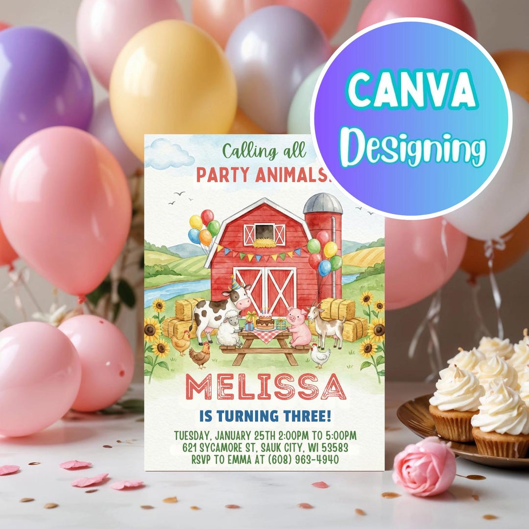 Farm Animals Birthday Party Invitation, Editable Barnyard Invite for ...