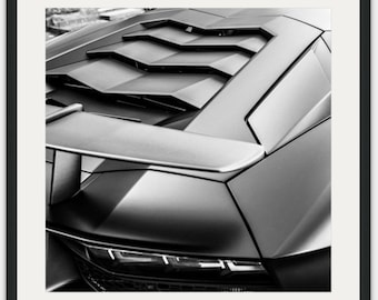 Photographie d'art Black Beauty : Détails Lamborghini en noir et blanc