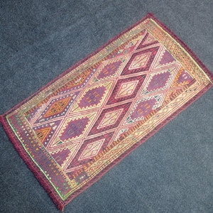 Handmade Wool Turkish Rug: Vintage Anatolian Carpet, Red Rainbow Design (1.9x3.2 ft)
