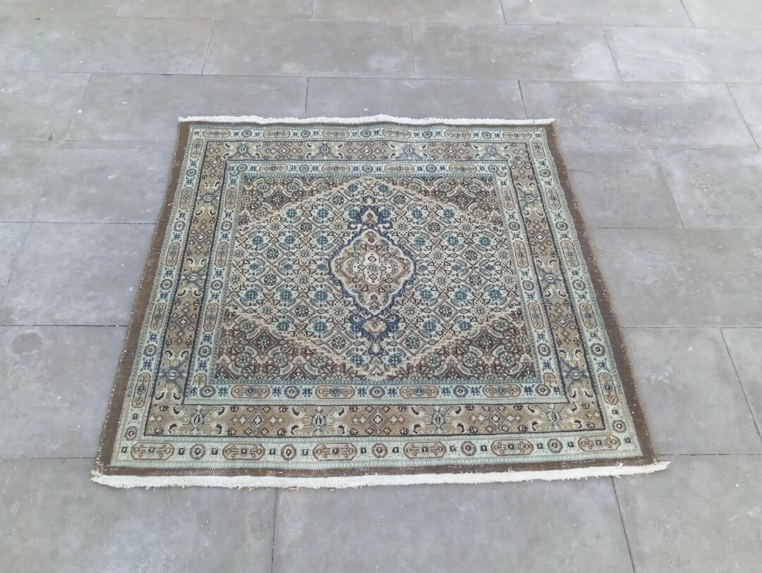 Antique Persian Rug 3x3 Handwoven Wool Floral Rug Blue & Brown Small ...