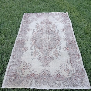 4x7 white purple Brown Turkish Rug, 4x7 Handmade Vintage Rug, Oushak Hallway Kitchen Entryway Bedroom Living Room Natural Area Rug, 4x6.7 ft