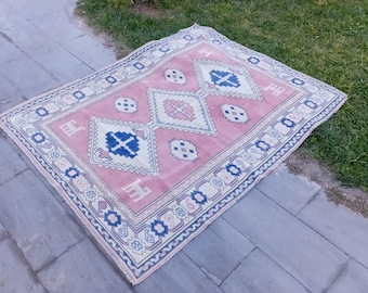 Vintage Turkish Oushak Rug, Handmade Wool, Pink & Blue (5.3x6.3 ft)